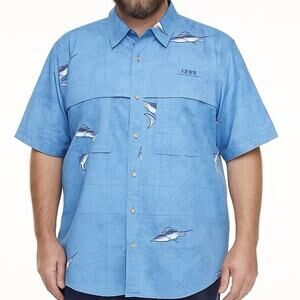 IZOD Sunfaster Fishing Shirt XL Blue Marlin Short Sleeve Performance Button Down